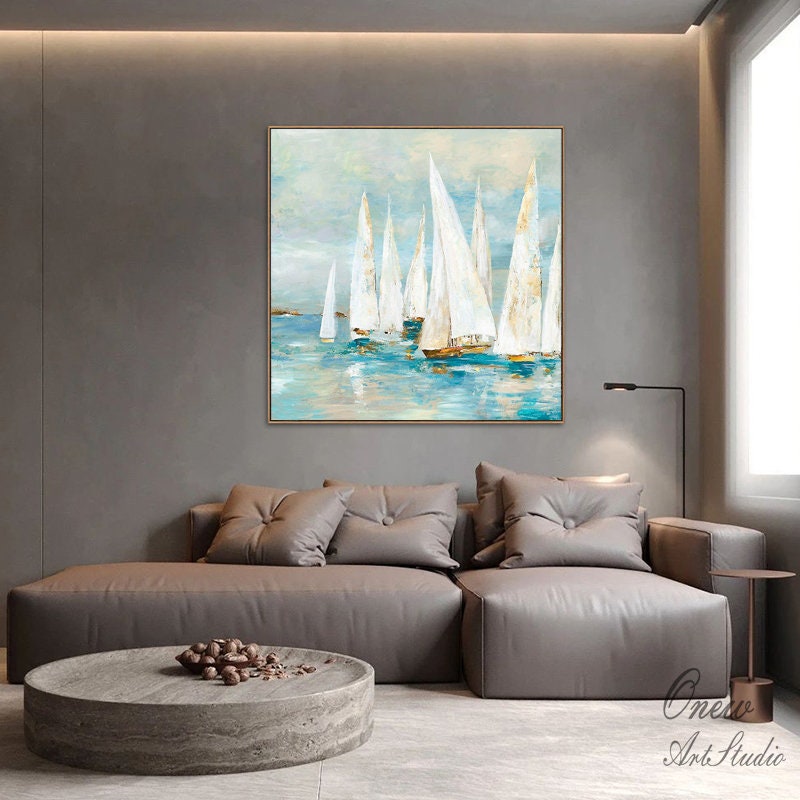 Abstract White Sailboats Painting on Canvas, Large Original Nautical Canvas Wall Art, Modern Seascape Oil Painting for Living Room Bedroom
