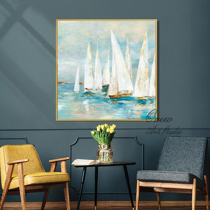 Abstract White Sailboats Painting on Canvas, Large Original Nautical Canvas Wall Art, Modern Seascape Oil Painting for Living Room Bedroom