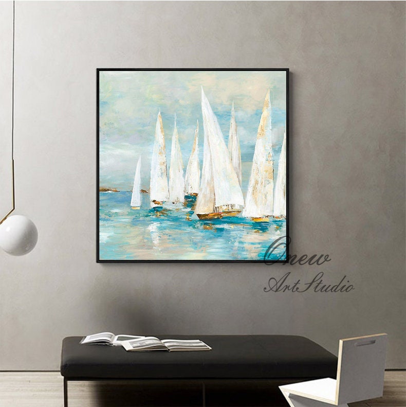 Abstract White Sailboats Painting on Canvas, Large Original Nautical Canvas Wall Art, Modern Seascape Oil Painting for Living Room Bedroom