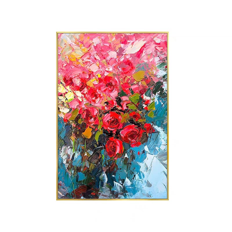 Original Red Roses Canvas Wall Art, Large Impressionist Flower Oil Painting on Canvas, Modern Floral Wall Art for Living Room, Bedroom Décor