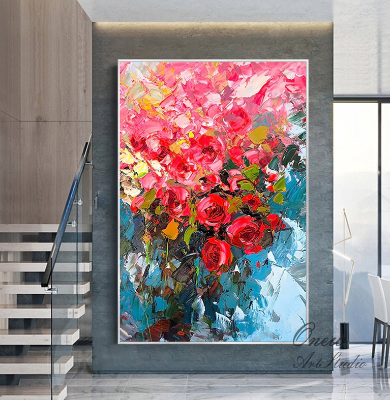 Original Red Roses Canvas Wall Art, Large Impressionist Flower Oil Painting on Canvas, Modern Floral Wall Art for Living Room, Bedroom Décor