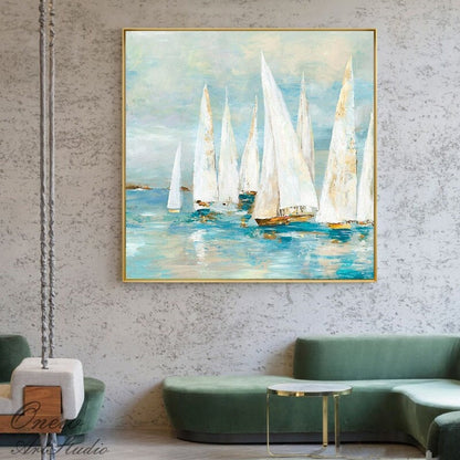 Abstract White Sailboats Painting on Canvas, Large Original Nautical Canvas Wall Art, Modern Seascape Oil Painting for Living Room Bedroom