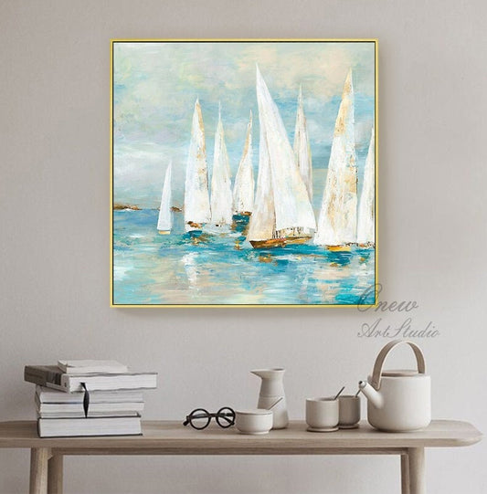 Abstract White Sailboats Painting on Canvas, Large Original Nautical Canvas Wall Art, Modern Seascape Oil Painting for Living Room Bedroom