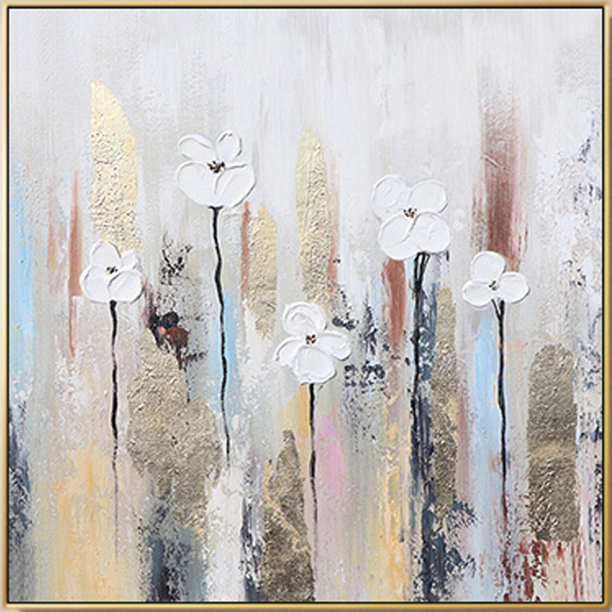 May include: Abstract painting featuring white flowers with black stems on a textured background with gold, brown, pink, and blue accents.