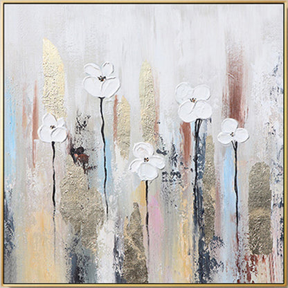 May include: Abstract painting featuring white flowers with black stems on a textured background with gold, brown, pink, and blue accents.
