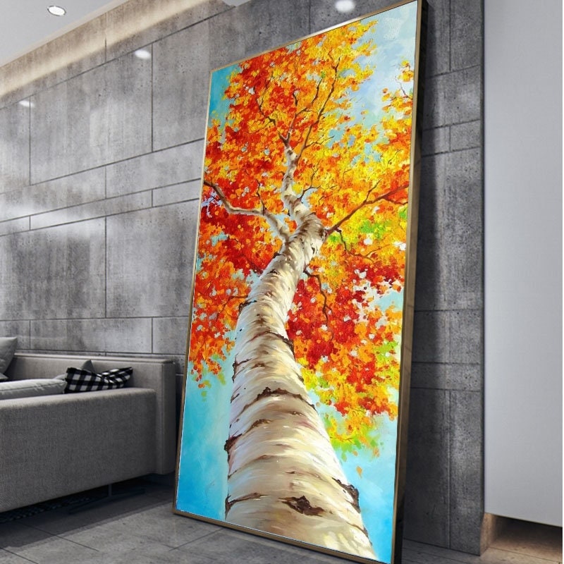 Abstract Tree Oil Painting on Canvas, Large Original Birch Tree Canvas Wall Art, Modern Autumn Landscape Wall Art for Living Room,home Décor