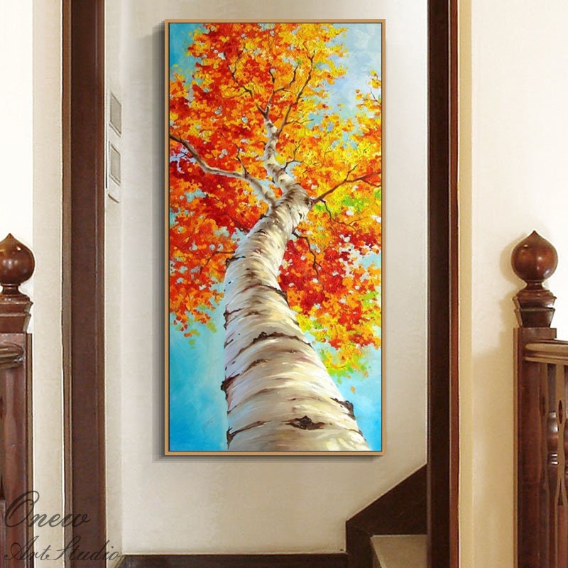Abstract Tree Oil Painting on Canvas, Large Original Birch Tree Canvas Wall Art, Modern Autumn Landscape Wall Art for Living Room,home Décor