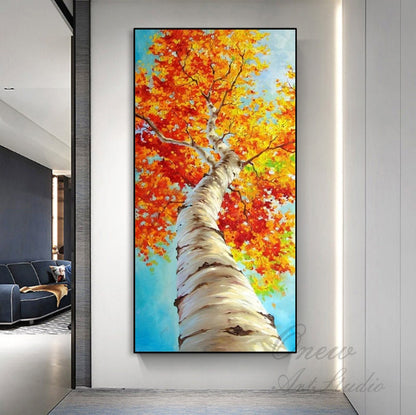 Abstract Tree Oil Painting on Canvas, Large Original Birch Tree Canvas Wall Art, Modern Autumn Landscape Wall Art for Living Room,home Décor