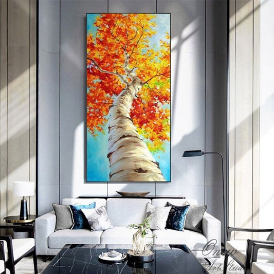 Abstract Tree Oil Painting on Canvas, Large Original Birch Tree Canvas Wall Art, Modern Autumn Landscape Wall Art for Living Room,home Décor
