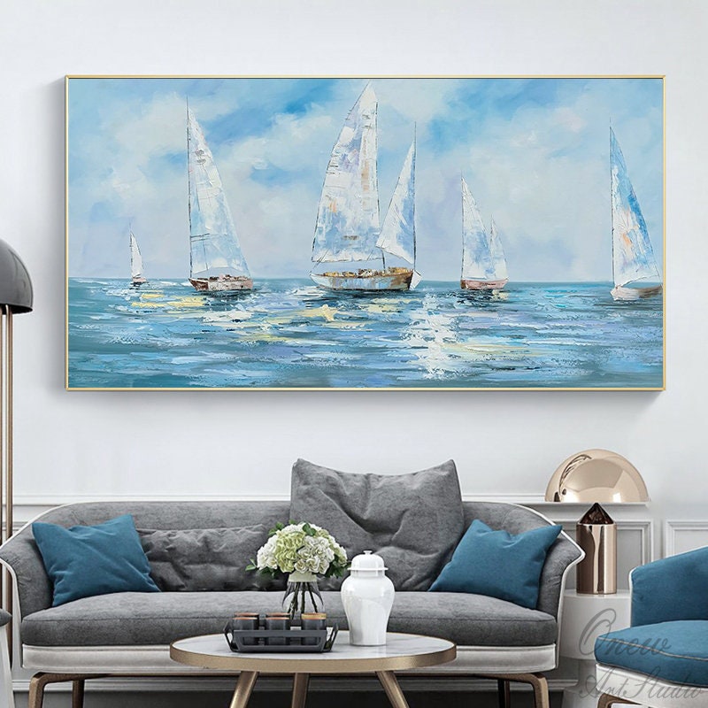 Large Abstract Sailboats Canvas Wall Art, Original Nautical Oil Painting on Canvas, Ocean Wall Art, Modern Seascape Painting for Living Room