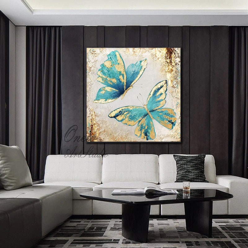 Original Blue Butterfly Oil Painting on Canvas, Large Abstract Butterflies Canvas Wall Art, Modern Textured Animal Painting for Living Room