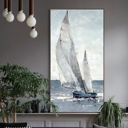 Large Abstract Sailboat Canvas Wall Art, Original Nautical Oil Painting on Canvas, Ship Painting, Modern Seascape Painting for Living Room