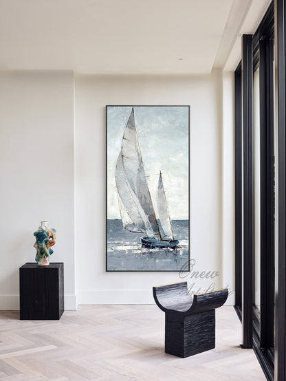 Large Abstract Sailboat Canvas Wall Art, Original Nautical Oil Painting on Canvas, Ship Painting, Modern Seascape Painting for Living Room