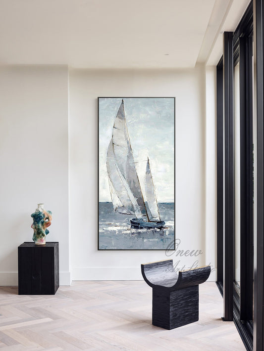 Large Abstract Sailboat Canvas Wall Art, Original Nautical Oil Painting on Canvas, Ship Painting, Modern Seascape Painting for Living Room