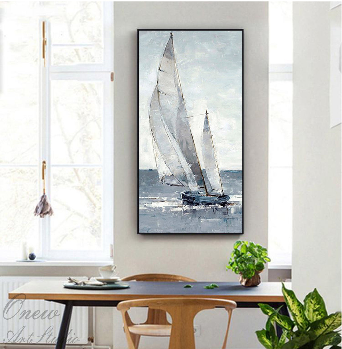 Large Abstract Sailboat Canvas Wall Art, Original Nautical Oil Painting on Canvas, Ship Painting, Modern Seascape Painting for Living Room