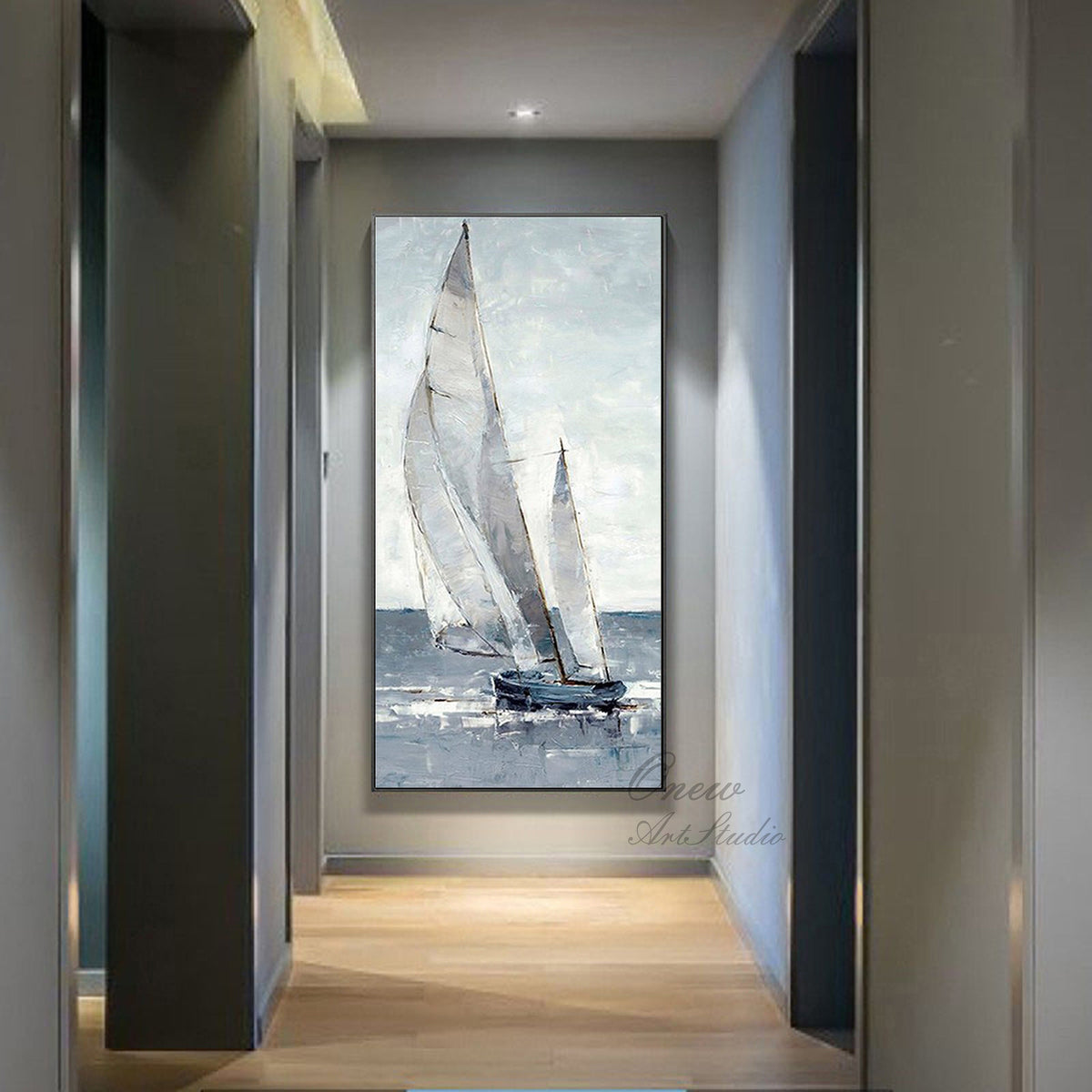 Large Abstract Sailboat Canvas Wall Art, Original Nautical Oil Painting on Canvas, Ship Painting, Modern Seascape Painting for Living Room