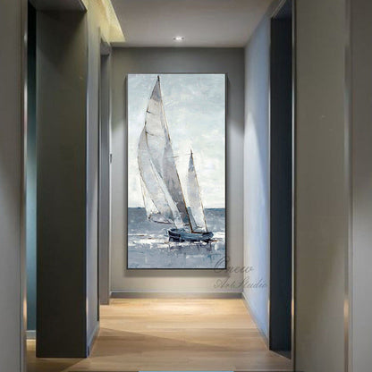Large Abstract Sailboat Canvas Wall Art, Original Nautical Oil Painting on Canvas, Ship Painting, Modern Seascape Painting for Living Room