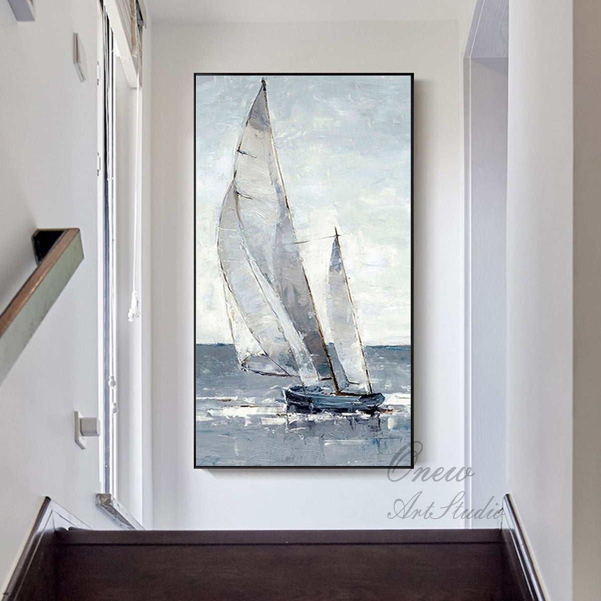 Large Abstract Sailboat Canvas Wall Art, Original Nautical Oil Painting on Canvas, Ship Painting, Modern Seascape Painting for Living Room