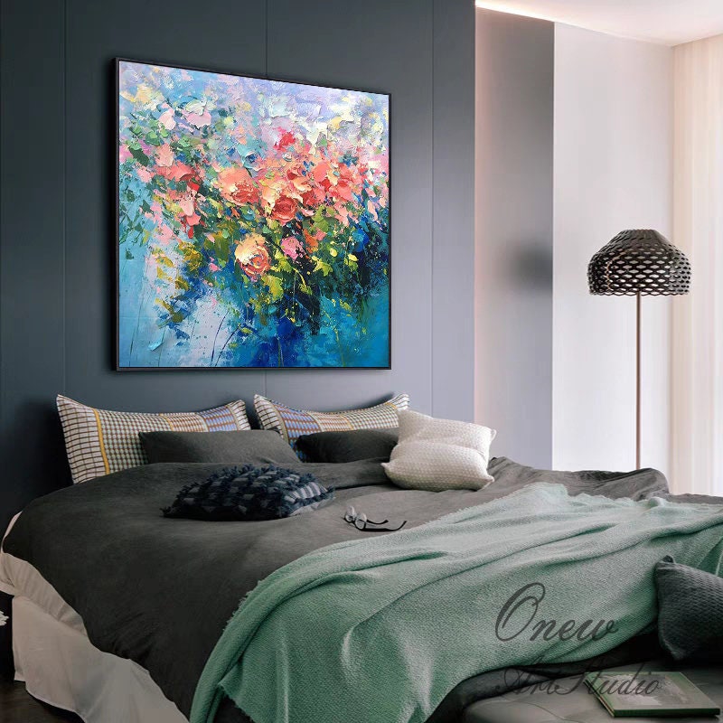 Original Roses Painting on Canvas, Impressionist Flowers Painting, Large Colorful Floral Wall Art, Modern Living Room Wall Art,Bedroom Decor