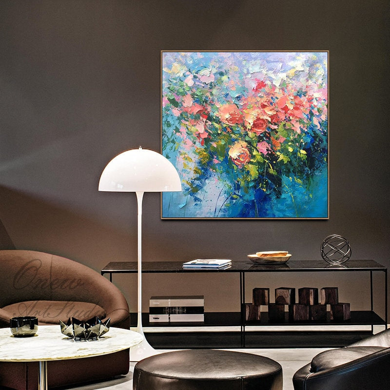 Original Roses Painting on Canvas, Impressionist Flowers Painting, Large Colorful Floral Wall Art, Modern Living Room Wall Art,Bedroom Decor