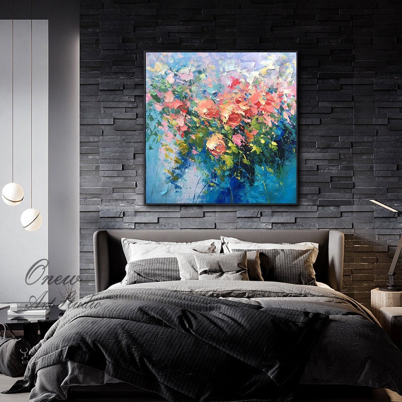 Original Roses Painting on Canvas, Impressionist Flowers Painting, Large Colorful Floral Wall Art, Modern Living Room Wall Art,Bedroom Decor