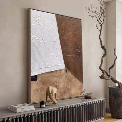 Large Abstract Oil Painting on Canvas, Original Brown and White Canvas Wall Art, Modern Minimalist Wall Art for Living Room, Bedroom Decor