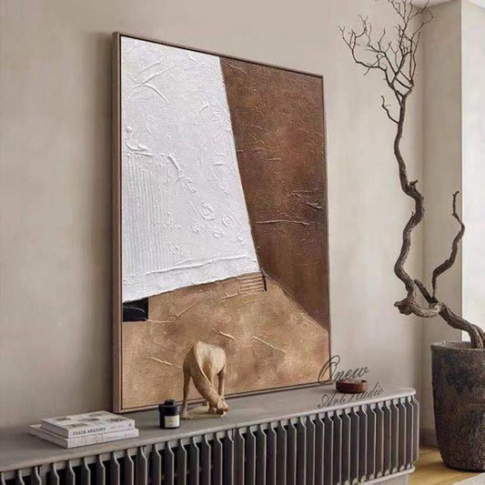 Large Abstract Oil Painting on Canvas, Original Brown and White Canvas Wall Art, Modern Minimalist Wall Art for Living Room, Bedroom Decor