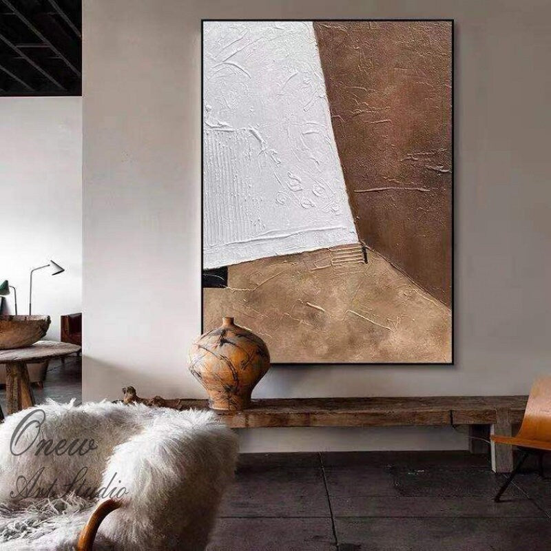 Large Abstract Oil Painting on Canvas, Original Brown and White Canvas Wall Art, Modern Minimalist Wall Art for Living Room, Bedroom Decor