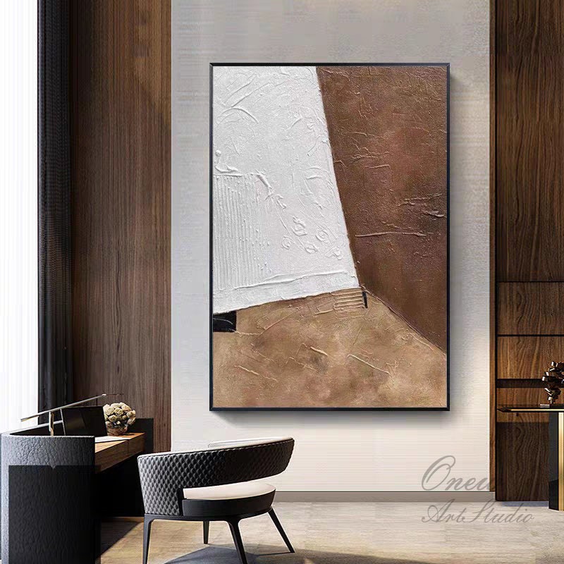 Large Abstract Oil Painting on Canvas, Original Brown and White Canvas Wall Art, Modern Minimalist Wall Art for Living Room, Bedroom Decor