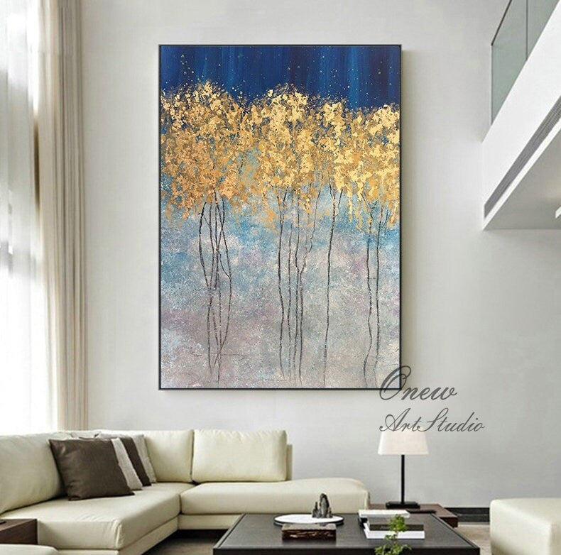 Abstract Gold Trees Canvas Wall Art, Original Autumn Landscape Oil Painting on Canvas, Modern Forest Wall Art for Living Room, Bedroom Décor