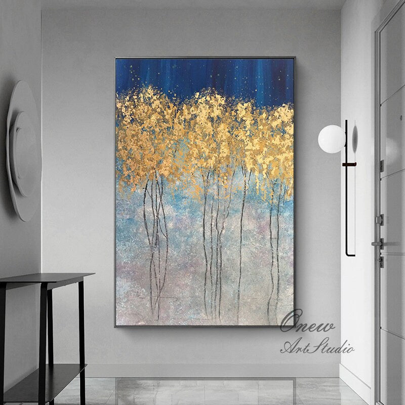Abstract Gold Trees Canvas Wall Art, Original Autumn Landscape Oil Painting on Canvas, Modern Forest Wall Art for Living Room, Bedroom Décor