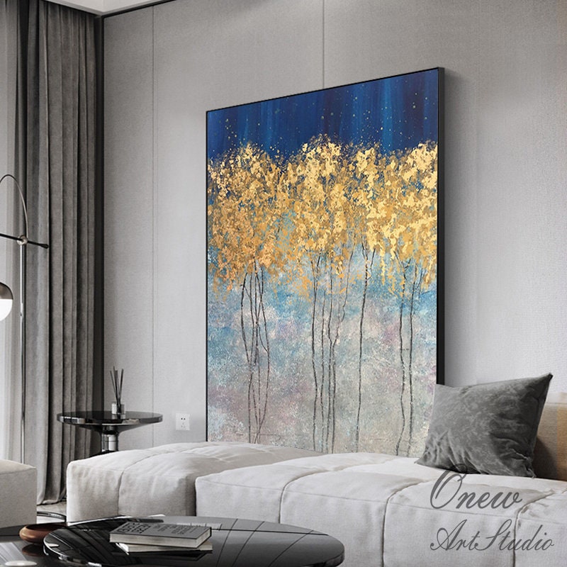Abstract Gold Trees Canvas Wall Art, Original Autumn Landscape Oil Painting on Canvas, Modern Forest Wall Art for Living Room, Bedroom Décor
