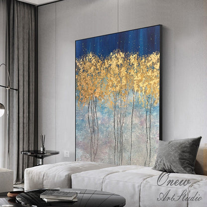 Abstract Gold Trees Canvas Wall Art, Original Autumn Landscape Oil Painting on Canvas, Modern Forest Wall Art for Living Room, Bedroom Décor