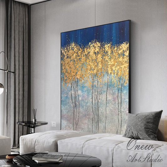 Abstract Gold Trees Canvas Wall Art, Original Autumn Landscape Oil Painting on Canvas, Modern Forest Wall Art for Living Room, Bedroom Décor