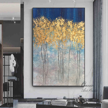 Abstract Gold Trees Canvas Wall Art, Original Autumn Landscape Oil Painting on Canvas, Modern Forest Wall Art for Living Room, Bedroom Décor