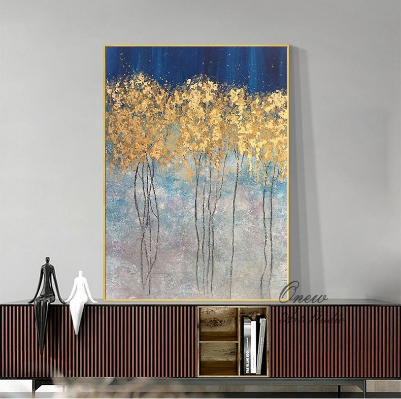 Abstract Gold Trees Canvas Wall Art, Original Autumn Landscape Oil Painting on Canvas, Modern Forest Wall Art for Living Room, Bedroom Décor