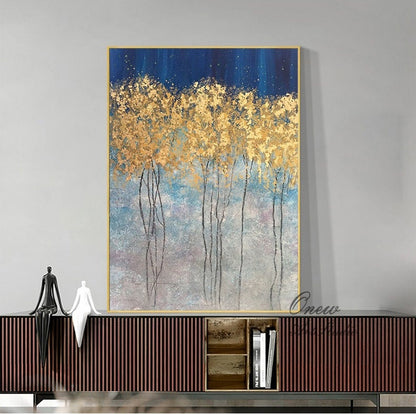 Abstract Gold Trees Canvas Wall Art, Original Autumn Landscape Oil Painting on Canvas, Modern Forest Wall Art for Living Room, Bedroom Décor