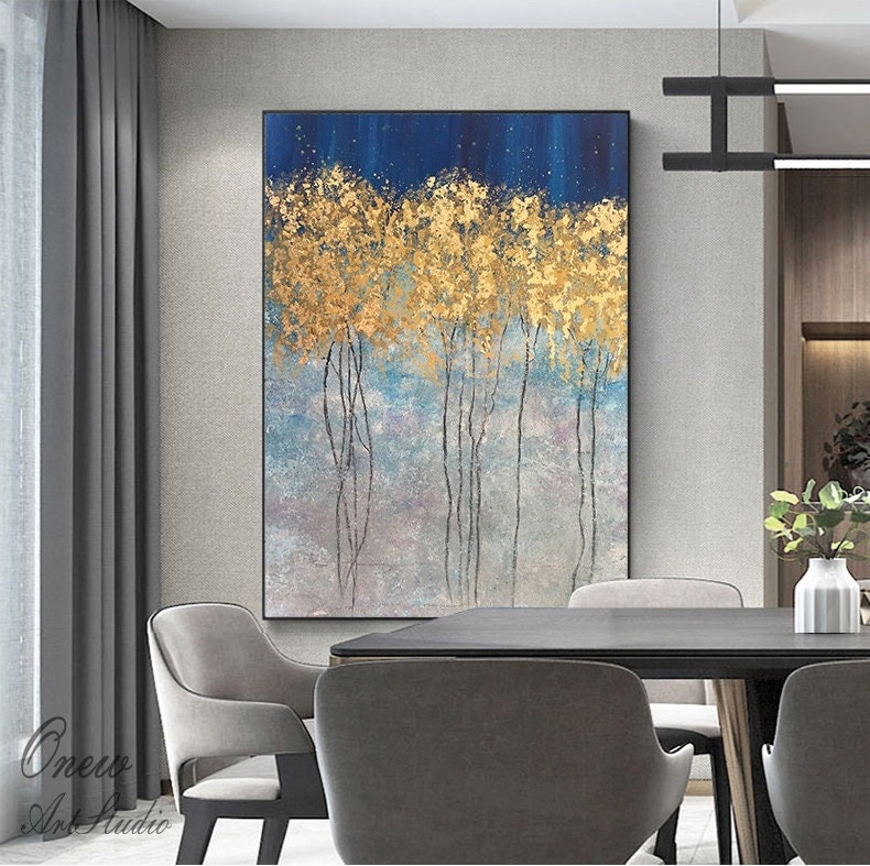 Abstract Gold Trees Canvas Wall Art, Original Autumn Landscape Oil Painting on Canvas, Modern Forest Wall Art for Living Room, Bedroom Décor
