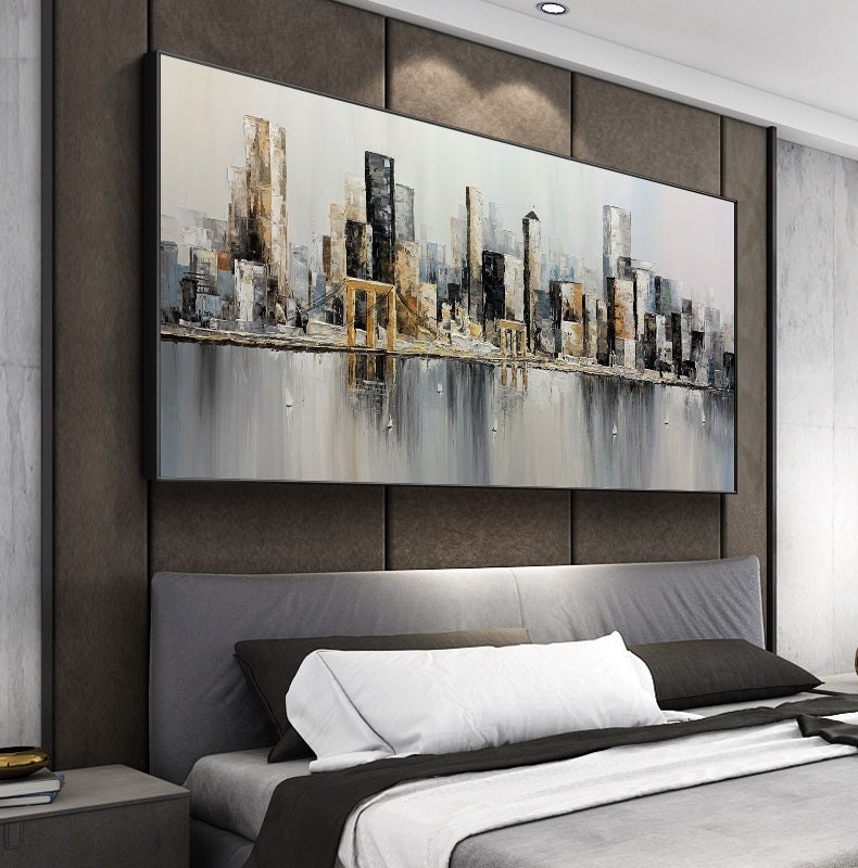 Original Brooklyn Bridge Canvas Wall Art, Abstract New York Cityscape Oil Painting on Canvas, Modern Manhattan Painting for Living Room