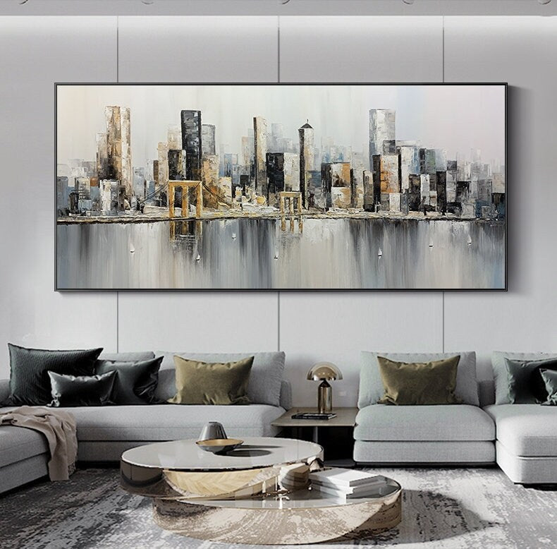 Original Brooklyn Bridge Canvas Wall Art, Abstract New York Cityscape Oil Painting on Canvas, Modern Manhattan Painting for Living Room