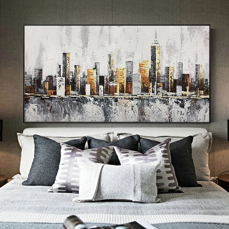 Abstract New York Cityscape Oil Painting on Canvas, Original Manhattan Canvas Wall Art, Modern Urban Painting for Living Room, Bedroom Décor
