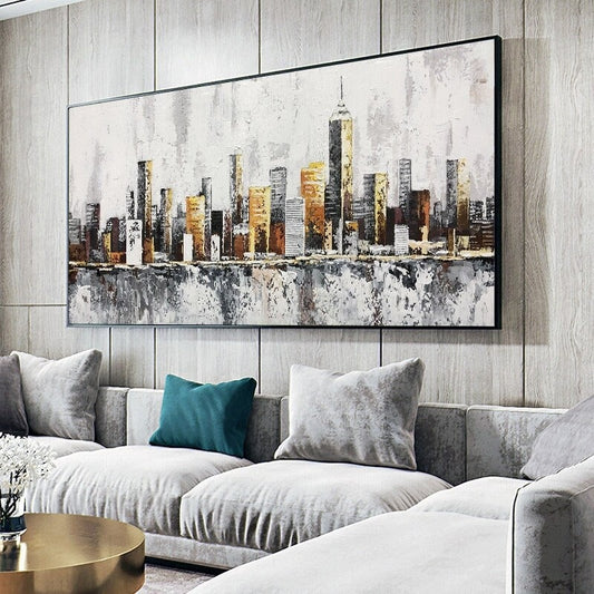 Abstract New York Cityscape Oil Painting on Canvas, Original Manhattan Canvas Wall Art, Modern Urban Painting for Living Room, Bedroom Décor