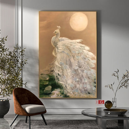 White Peacock Oil Painting – Gold Animal Art Decor – Abstract Animal Art