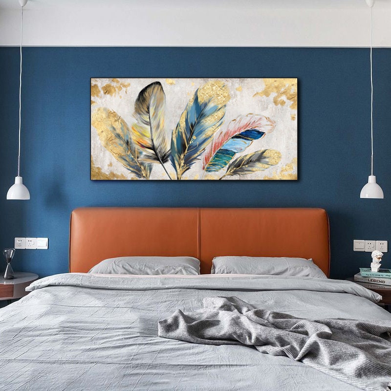 Original Animal Feather Oil Painting on Canvas, Abstract Colorful Feather Canvas Wall Art, Modern Minimalist Artwork for Living Room Bedroom