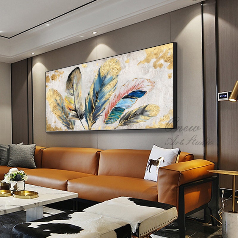 Original Animal Feather Oil Painting on Canvas, Abstract Colorful Feather Canvas Wall Art, Modern Minimalist Artwork for Living Room Bedroom