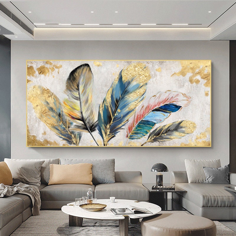 Original Animal Feather Oil Painting on Canvas, Abstract Colorful Feather Canvas Wall Art, Modern Minimalist Artwork for Living Room Bedroom