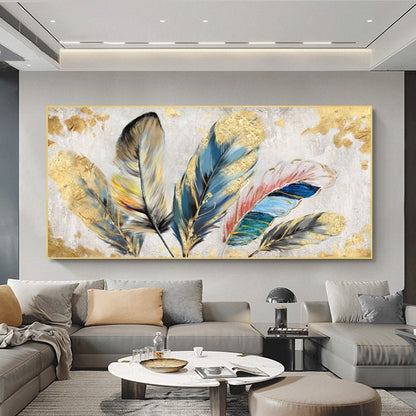 Original Animal Feather Oil Painting on Canvas, Abstract Colorful Feather Canvas Wall Art, Modern Minimalist Artwork for Living Room Bedroom