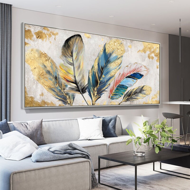 Original Animal Feather Oil Painting on Canvas, Abstract Colorful Feather Canvas Wall Art, Modern Minimalist Artwork for Living Room Bedroom