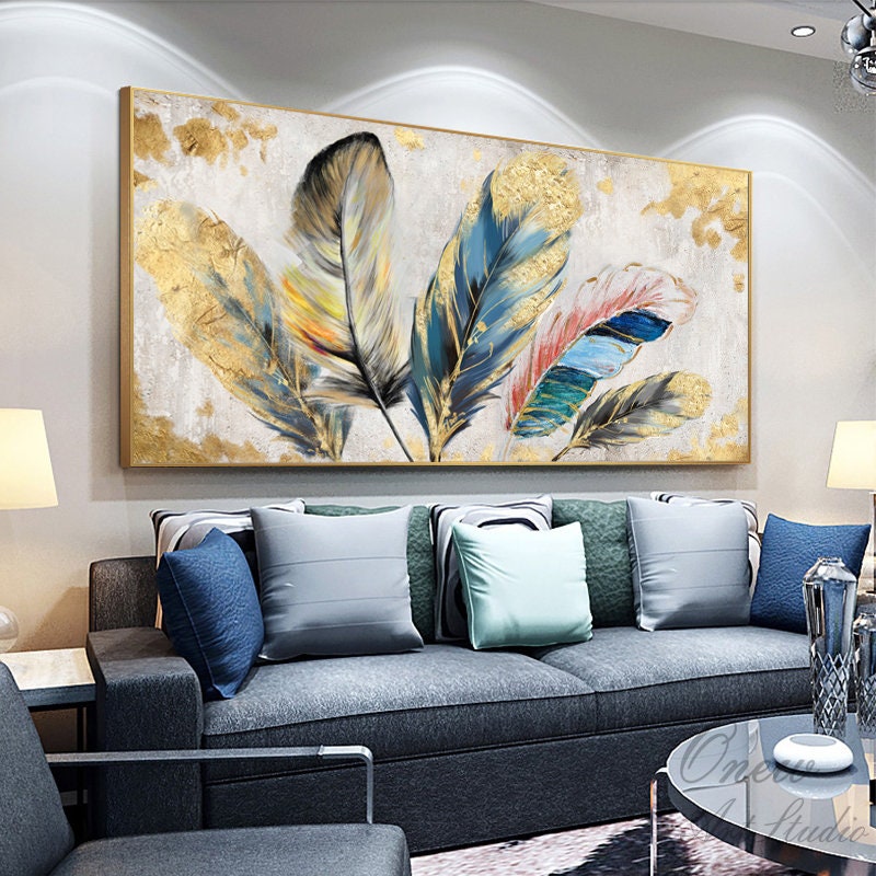 Original Animal Feather Oil Painting on Canvas, Abstract Colorful Feather Canvas Wall Art, Modern Minimalist Artwork for Living Room Bedroom