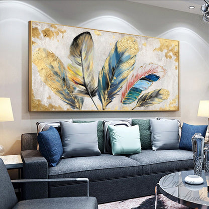 Original Animal Feather Oil Painting on Canvas, Abstract Colorful Feather Canvas Wall Art, Modern Minimalist Artwork for Living Room Bedroom
